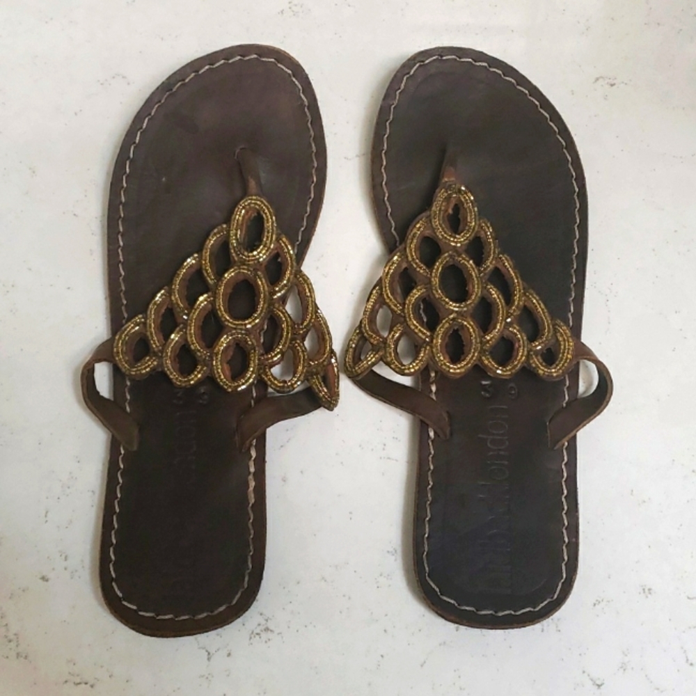 Brown Leather Flip Flops with Gold Beads ✨ 💛